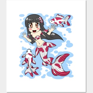 Goldfish Mermaid (Red, White) Posters and Art